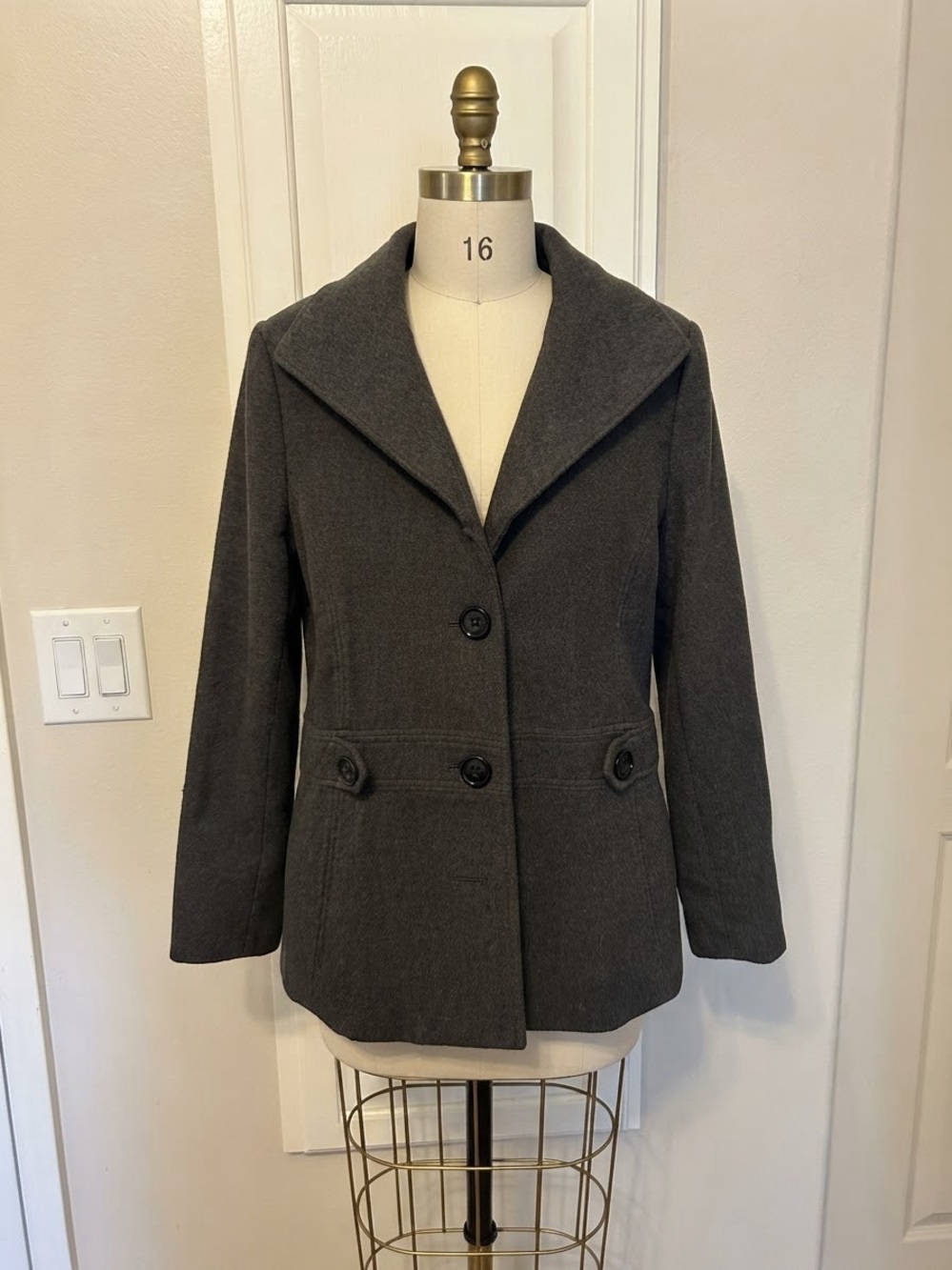 JM Collection Dark Gray Peacoat with Buttoned Waist Detail